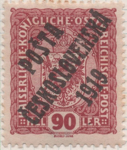 Sello E00050: hoja 3, Checoslovaquia: Sello Granate perforado. Timbres de Austria sobrecargados, 90 Heller