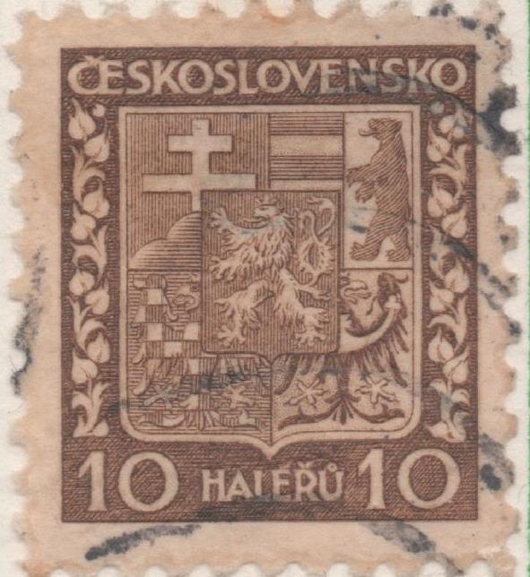 Sello E00134: hoja 13, Checoslovaquia: Sello Marron dentado. Escudo de Armas 10 Haleru
