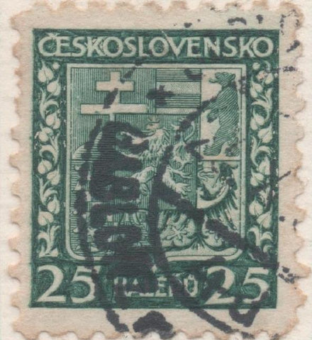Sello E00136: hoja 13, Checoslovaquia: Sello Verde oscuro dentado. Escudo de Armas, 25 Haleru