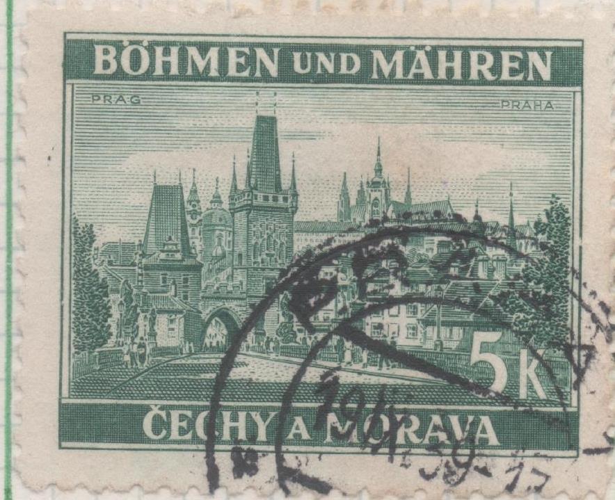 Sello E00227: hoja 20, Checoslovaquia: Sello Verde oscuro dentdo. Böhmen und Mähren, 5 Koruny