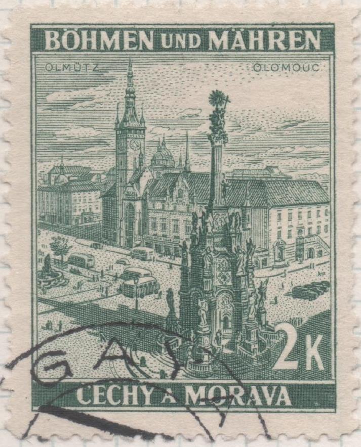 Sello E00224: hoja 20, Checoslovaquia: Sello Verde grisaceo dentado. Bohmen und Mahren, 2 Koruny