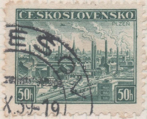 Sello E00220: hoja 18, Checoslovaquia: Sello Verde oscuro dentado. Expo de Pizen, 50 Haleru