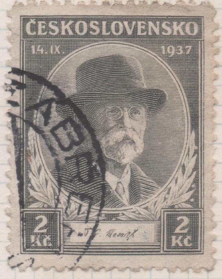 Sello E00205: hoja 17, Checoslovaquia: Sello Gris dentado. Muerte. Pres. Masaryk. 2 Koruny