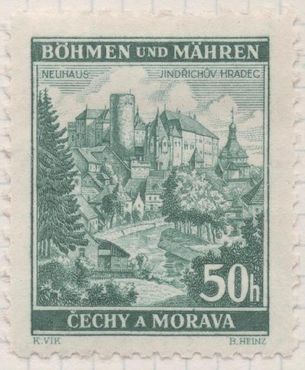 Sello E00234: hoja 21, Checoslovaquia: Sello Verde oscuro dentado. Böhmen und Mähren, Jindrichuv Hradec, 50 Haleru