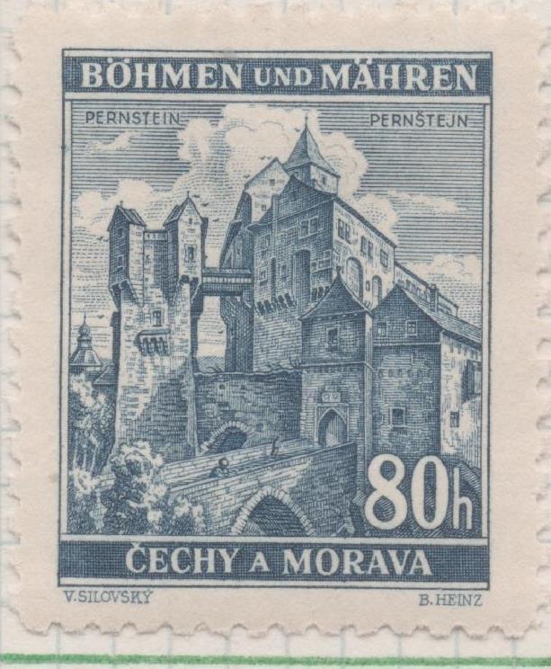 Sello E00235: hoja 21, Checoslovaquia: Sello Azul oscuro dentado. Böhmen und Mähren. Pernrejn, 80 Haleru