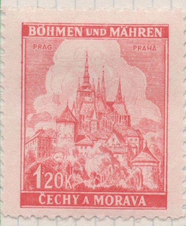 Sello E00236: hoja 21, Checoslovaquia: Sello Rojo dentado. Böhmen und Mähren, Praha, 1,20 Koruna