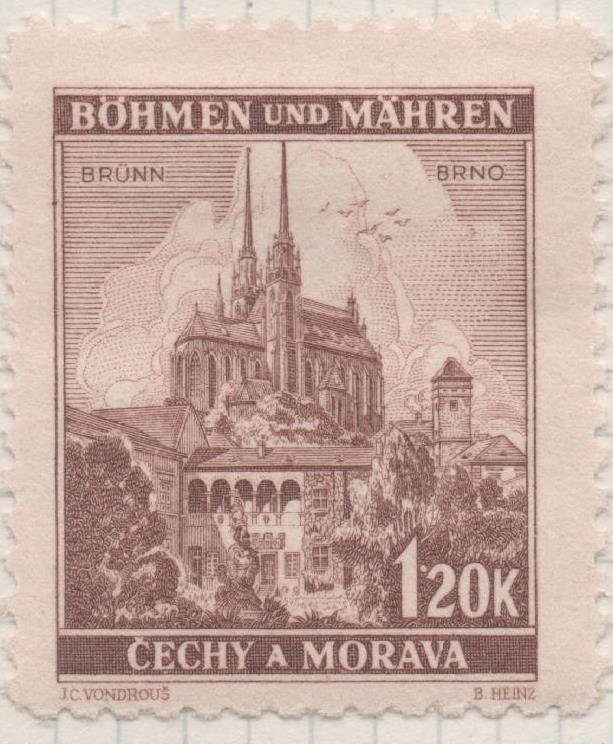Sello E00237: hoja 21, Checoslovaquia: Sello Marron dentado. Böhmen und Mähren, Brno, 1,20 Koruna