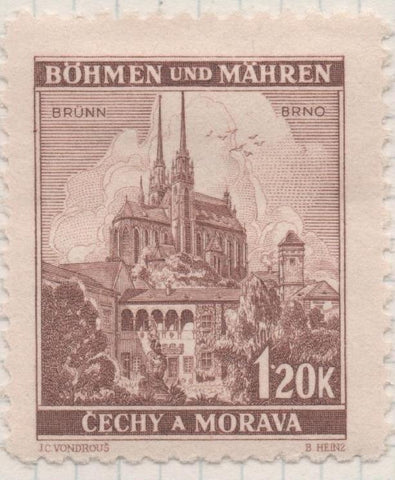 Sello E00237: hoja 21, Checoslovaquia: Sello Marron dentado. Böhmen und Mähren, Brno, 1,20 Koruna