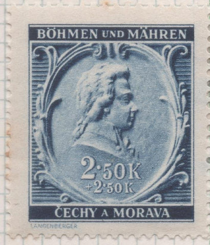 Sello E00258: hoja 22, Checoslovaquia: Sello Azul oscuro dentado. Aniv. Muerte de Mozart, 2,50 Koruny