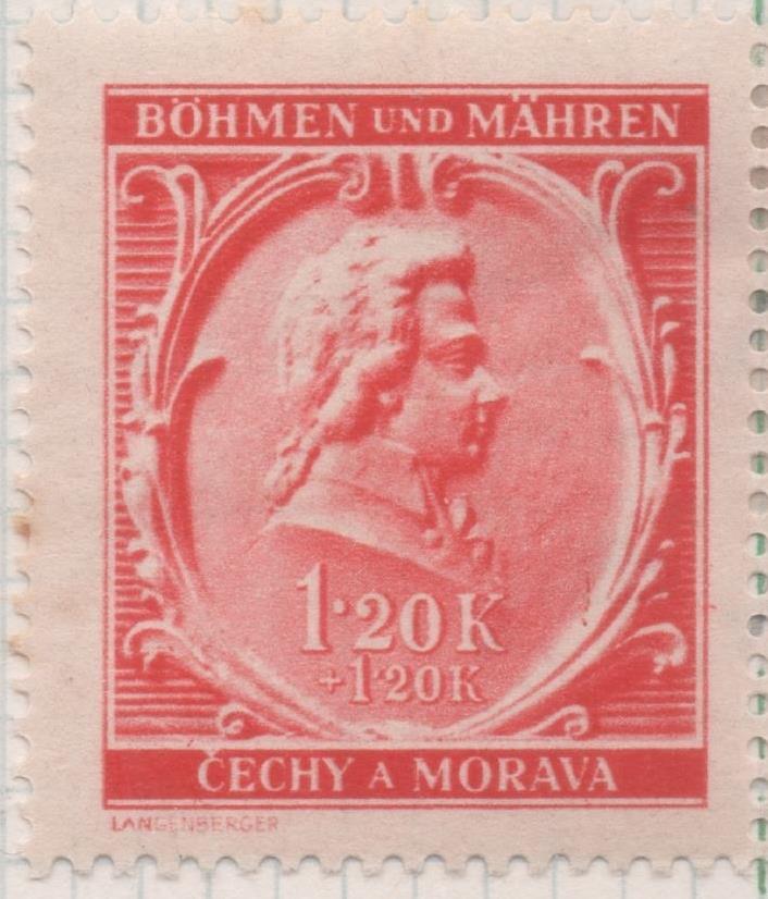 Sello E00256: hoja 22, Checoslovaquia: Sello Rojo dentado. Aniv. Muerte de Mozart, 1,20Koruna