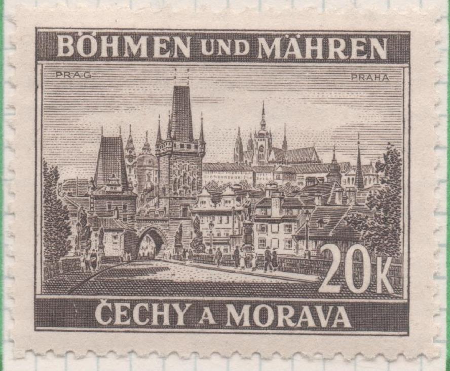 Sello E00247: hoja 21, Checoslovaquia: Sello Marron oscuro dentado. Cechy a Morava, Praha, 20 Korun