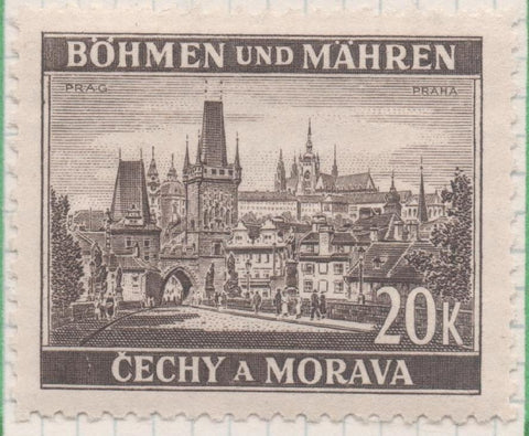 Sello E00247: hoja 21, Checoslovaquia: Sello Marron oscuro dentado. Cechy a Morava, Praha, 20 Korun