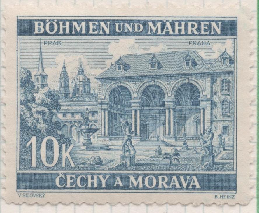 Sello E00246: hoja 21, Checoslovaquia: Sello Azul oscuro dentado. Cechy a Morava. Praha, 10 Korun
