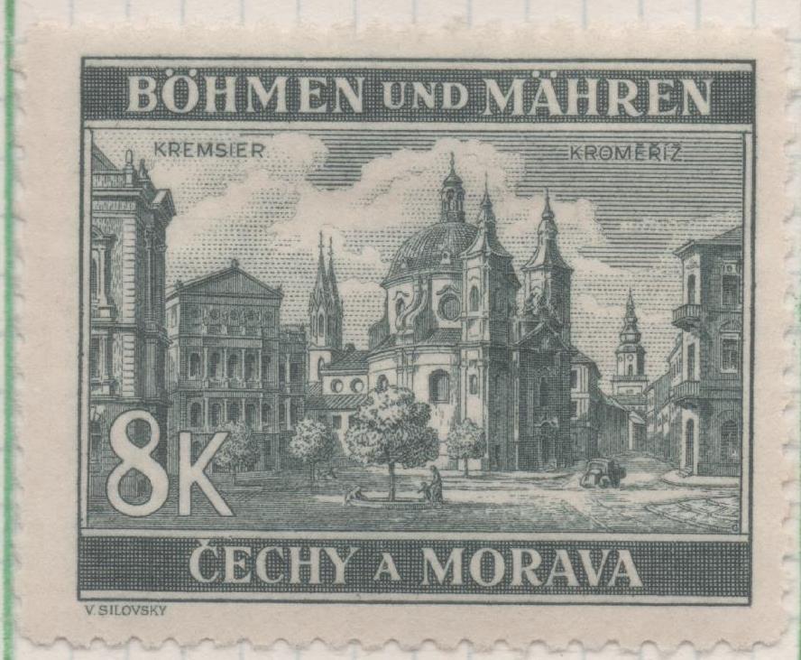 Sello E00245: hoja 21, Checoslovaquia: Sello Gris oscuro dentado. Cechy a Morava. Kromêriz,8 Koruny