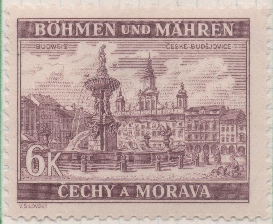 Sello E00244: hoja 21, Checoslovaquia: Sello Marron dentado. Cechy  a Morava, ceske Budejovice,6 Koruny
