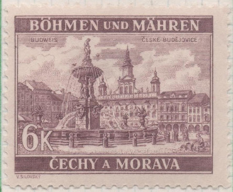 Sello E00244: hoja 21, Checoslovaquia: Sello Marron dentado. Cechy  a Morava, ceske Budejovice,6 Koruny