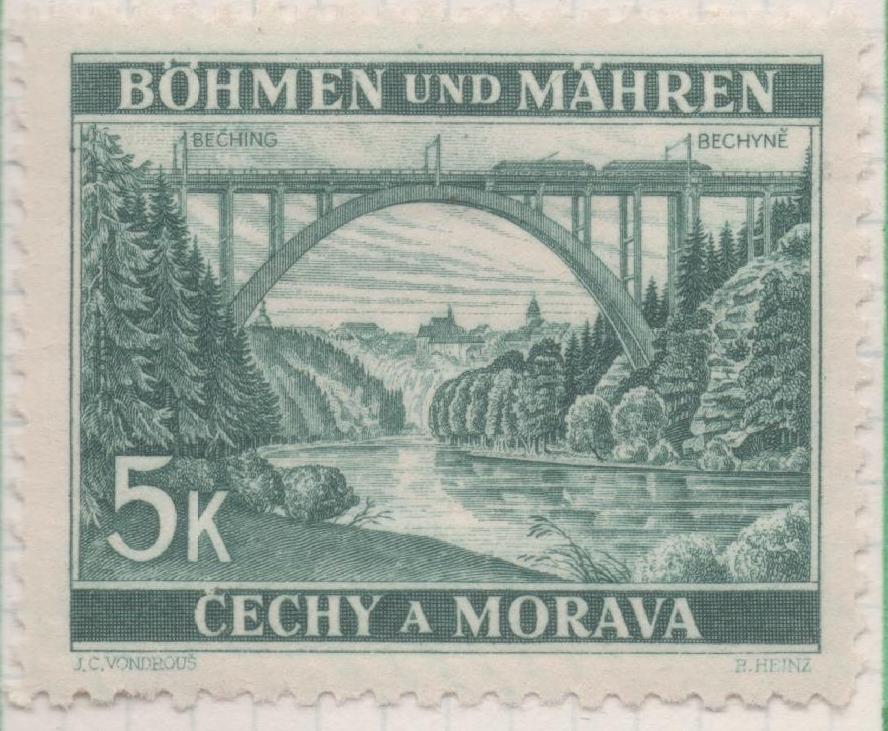 Sello E00243: hoja 21, Checoslovaquia: Sello Verde oscuro dentado. Cechy a Morava, Bechynê, 5 Koruny