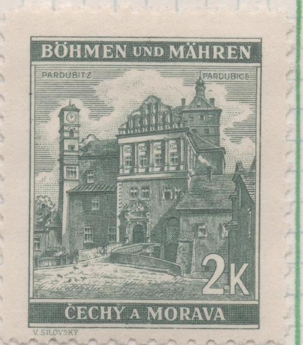 Sello E00240: hoja 21, Checoslovaquia: Sello Verde oscuro dentado. Böhmen und Mähren, Pardubice, 2 Koruny