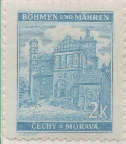 Sello E00239: hoja 21, Checoslovaquia: Sello Azul claro dentado. Böhmen und Mähren, Parddubice, 2 Koruny