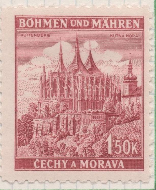 Sello E00238: hoja 21, Checoslovaquia: Sello Granate dentado. Böhmen und Mähren, Kutna Hora, 1,50 Koruna