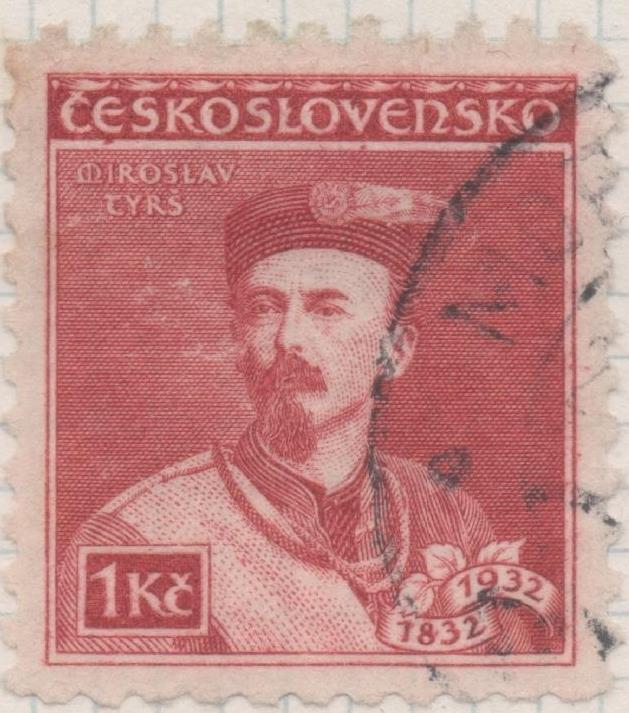 Sello E00154: hoja 14, Checoslovaquia: Sello Rojo oscuro dentado. Aniv. Sw Miroslav Tyrs fundador de Sokols, 1 Koruna 