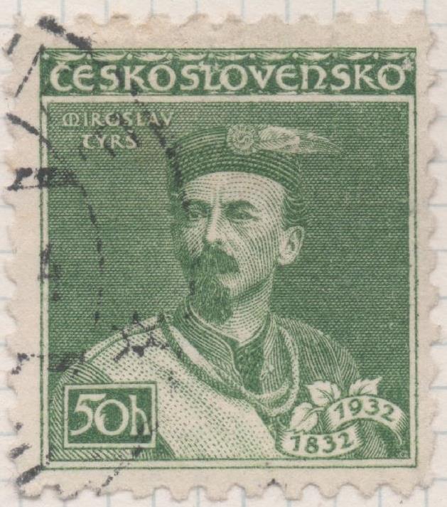 Sello E00153: hoja 14, Checoslovaquia: Sello Verde dentado. Aviv. De Miroslav Tyrs, fundador de Sokols, 50 Haleru