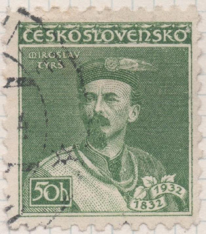 Sello E00153: hoja 14, Checoslovaquia: Sello Verde dentado. Aviv. De Miroslav Tyrs, fundador de Sokols, 50 Haleru