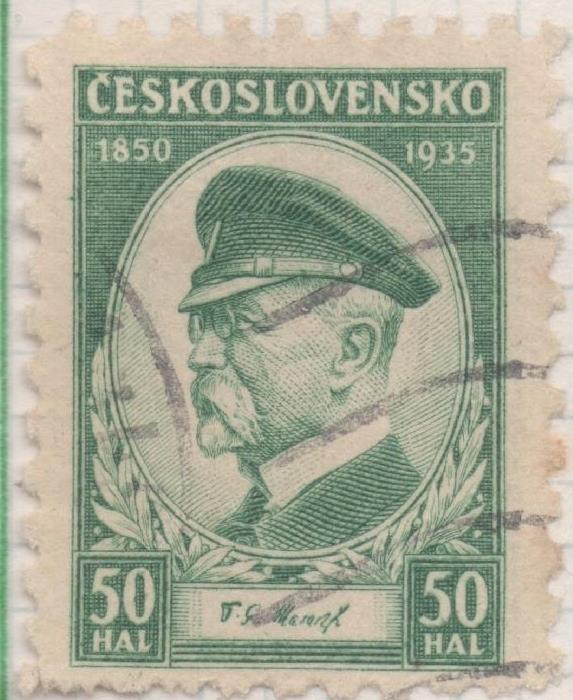 Sello E00167: hoja 15, Checoslovaquia: Sello Verde dentado. Aniv. Presidente Masaryk, 50 Haleru