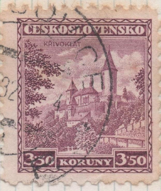 Sello E00150: hoja 14, Checoslovaquia. Sello Morado dentado. Mansiones, 3,50 horuny