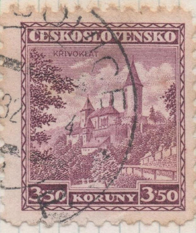 Sello E00150: hoja 14, Checoslovaquia. Sello Morado dentado. Mansiones, 3,50 horuny