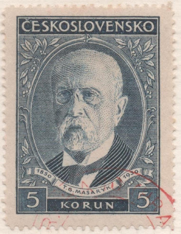 Sello E00148: hoja 13, Checoslovaquia: Sello Gris azulado dentado. 80 Aniv del presidente Masaryk, 5 Korun