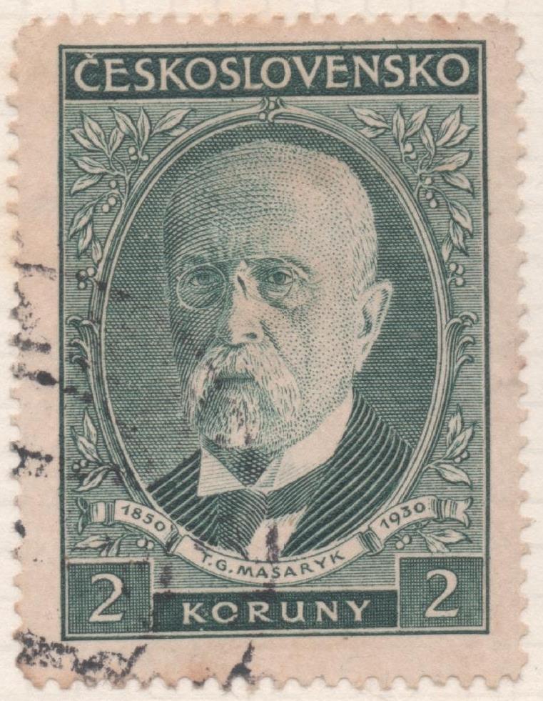 Sello E00146: hoja 13, Checoslovaquia: Sello Verde oscuro dentado. 80 Aviv del Presidente Masaryk, 2 Koruny
