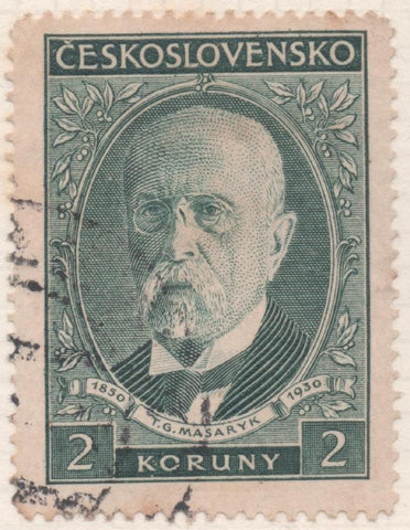 Sello E00146: hoja 13, Checoslovaquia: Sello Verde oscuro dentado. 80 Aviv del Presidente Masaryk, 2 Koruny