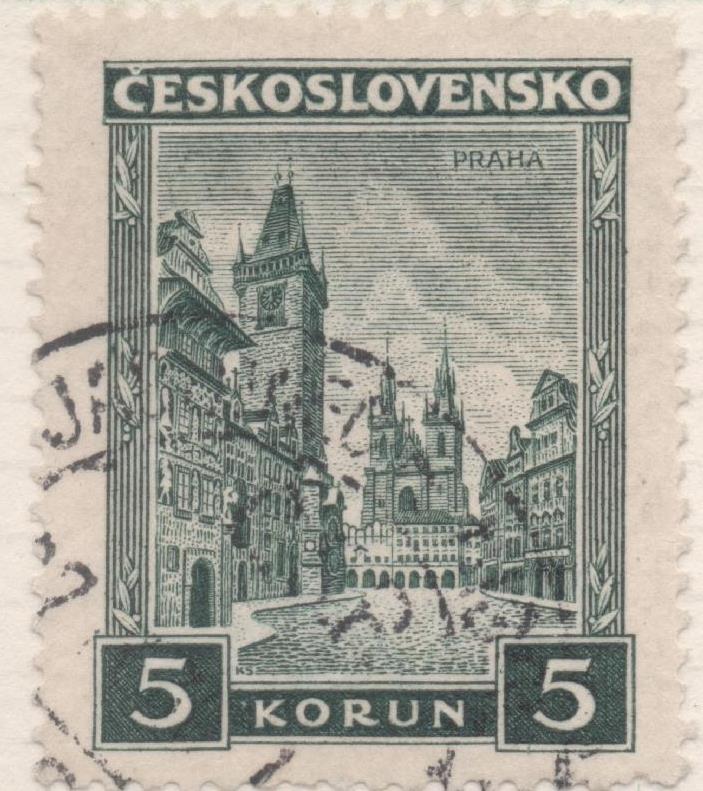 Sello E00145: hoja 13, Checoslovaquia: Sello  Verde oscuro dentado. Paisajes y Monumentos, 5 Korun