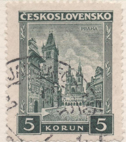 Sello E00145: hoja 13, Checoslovaquia: Sello  Verde oscuro dentado. Paisajes y Monumentos, 5 Korun