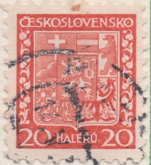 Sello E00135: hoja 13, Checoslovaquia: Sello Rojo dentado. Escudo de Armas, 20 Haleru