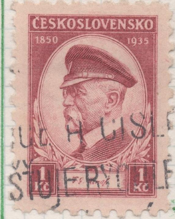 Sello E00168: hoja 15, Checoslovaquia: Sello Rojo oscuro dentado. Aniv. Presidente Masaryk, 1 Koruna