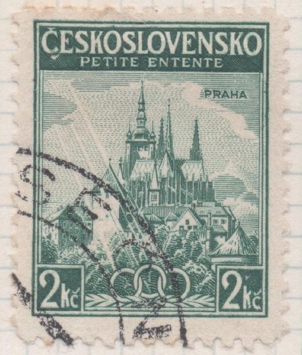 Sello E00200: hoja 17, Checoslovaquia: Sello Verde oscuro dentado. Catedral de Praga, 2 Koruny
