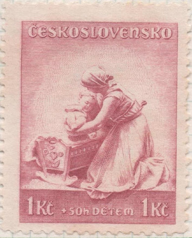 Sello E00197: hoja 16, Checoslovaquia: Sello Rojo claro dentado. A favor de la infancia, 1 Koruna