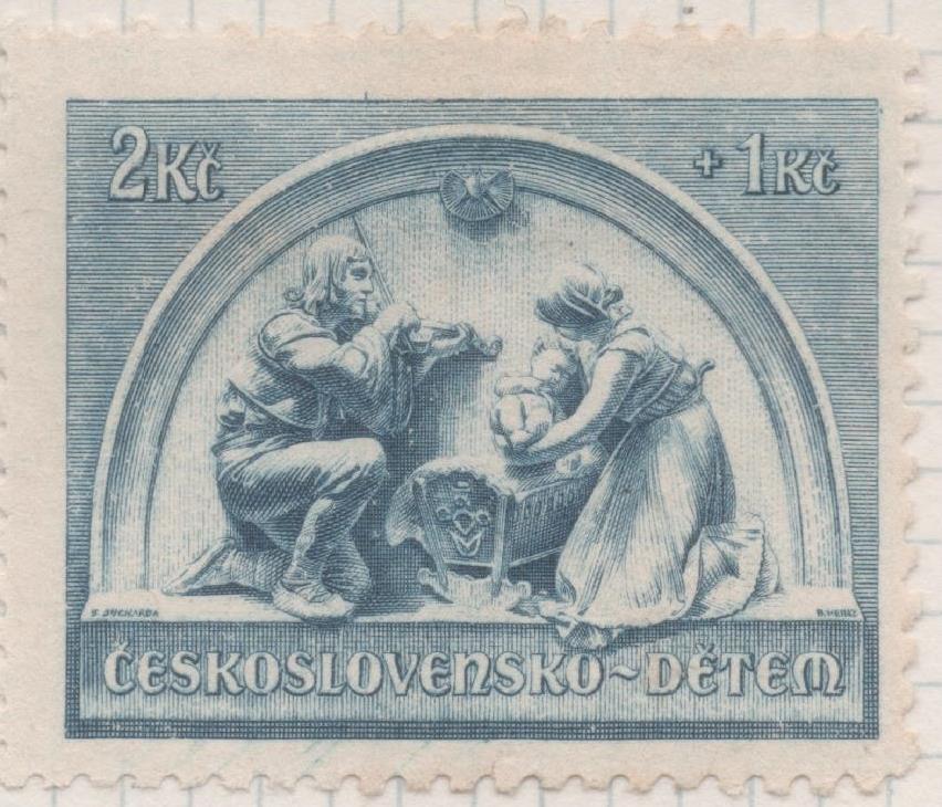 Sello E00196: hoja 16, Checoslovaquia: Sello Avul grisaceo dentado. A favor de la Infancia, 2Koruny+1Koruna