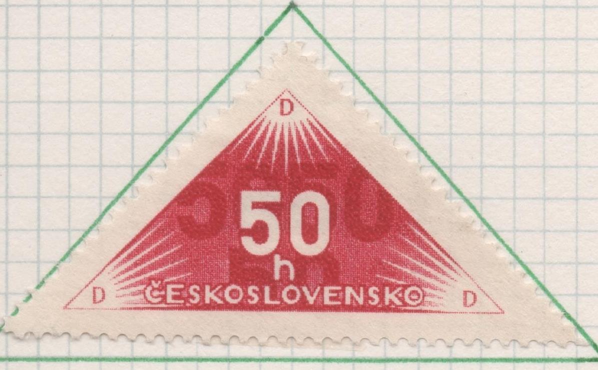 Sello E00194: hoja 16, Checoslovaquia: Sello Trangular Rojo dentado. Timbre para remitir, 50 Haleru