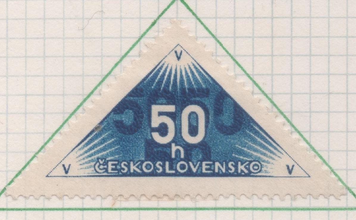 Sello E00193: hoja 16, Checoslovaquia: Sello Triangular Azul dentado. Timbres para remitir, 50 Haleru