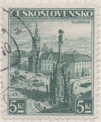 Sello E00191: hoja 16, Checoslovaquia: Sello Verde oscuro dentado. Olomouc, 5 Koruny