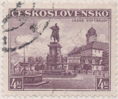 Sello E00190: hoja 16, Checoslovaquia: Sello Lila oscuro dentado. Lázně Poděbrady, 4 Koruny