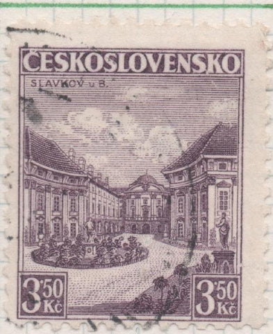 Sello E00189: hoja 16, Checoslovaquia: Sello Lila oscuro dentado. Slavkov u B, 3,50 Koruny