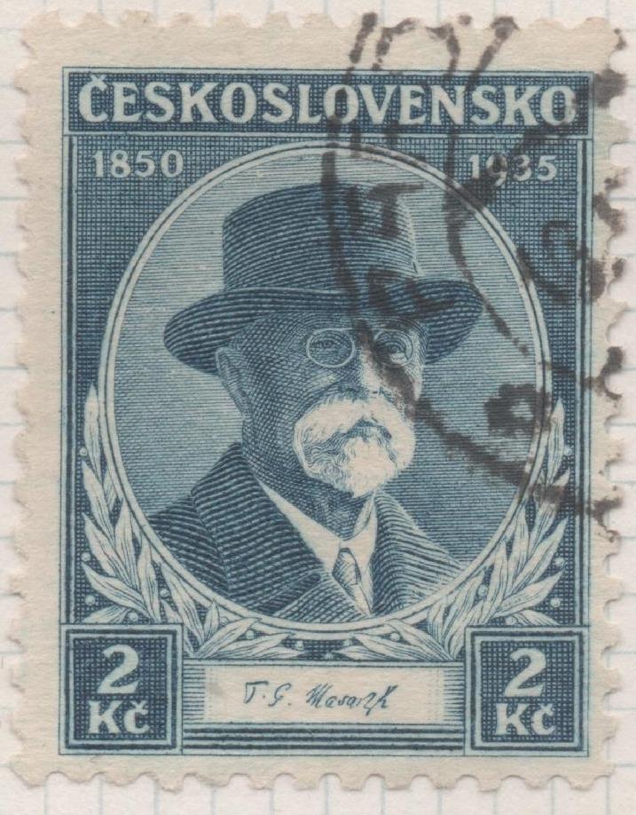 Sello E00169: hoja 15, Checoslovaquia: Sello Azul oscuro dentdo. Aniv. Presidente Masaryk, 2 Koruny