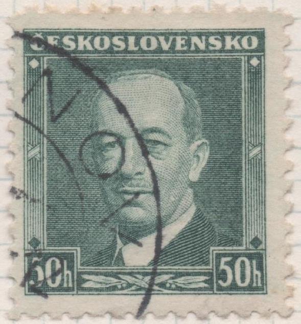Sello E00181: hoja 15, Checoslovaquia: Sello Verde oscuro dentado. Presidente Evar Benes, 50 Haleru