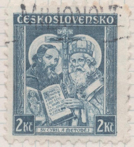 Sello E00174: hoja 15, Checoslovaquia: Sello Azul oscuro dentado. Santos Cirille y Méthode, 2 koruny
