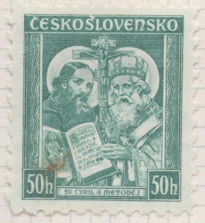 Sello E00172: hoja 15, Checoslovaquia: Sello Azul verdoso dentado. Santos Cirille y Méthode, 50 Haleru