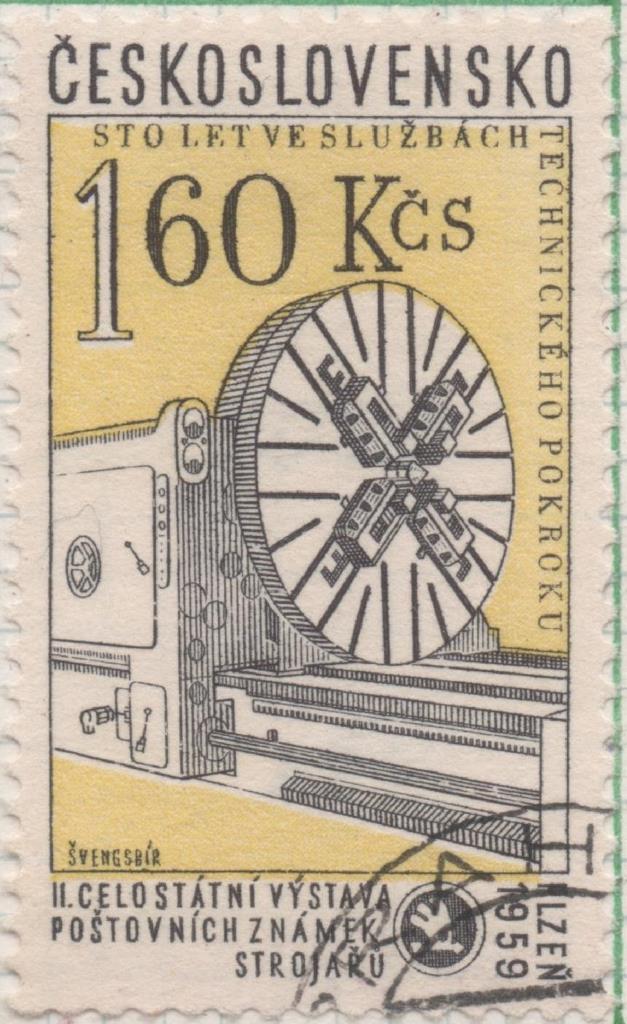 Sello E00907: hoja 61, Checoslovaquia: Sello Amarillo y negro dentado. 7ºExposición filatelica nacional. Centenario de las fabricas Skoda, 1,60 Koruna